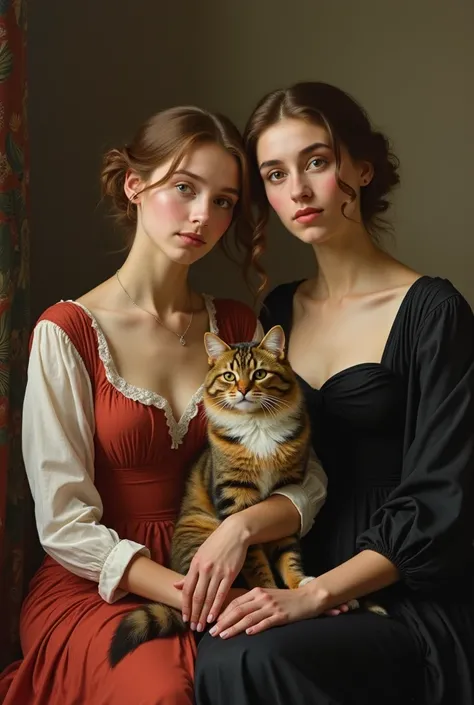  Painting of an elegant family, but modern, made up of two women ,  one 26 years old and the other 23 years old ,  one is sitting and the other is standing ,  and the one who is sitting has an Angora cat on her legs