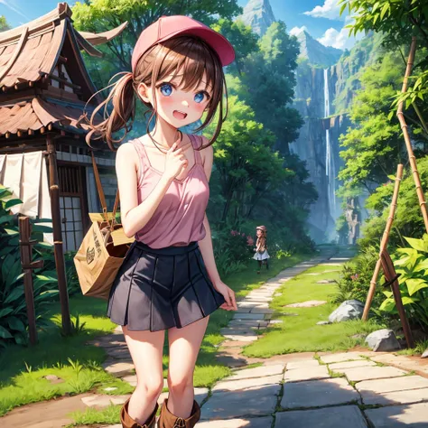  pink brown brown hair、  blue eyes、  Has hair tied  、Two cute people、  check mini skirt、  black t-shirt、 Light clothing、  tank top、  camisole、 high socks、 Boots、 teeth inside、  The Road Is Crooked 、Mountain々、Stick together  、 bamboo forest、 chest pocket  、...