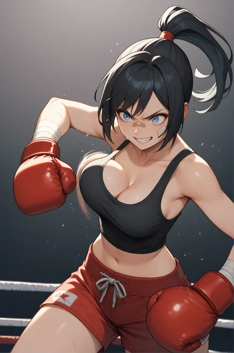 score_9, score_8_up, score_7_up, a gorgeous girl, solo, smirking, black hair, ponytail, blue eyes, face bandaid, black tank top, boxing shorts, red boxing gloves, bandage hands, cleavage, medium breast, bouncing breast, wide hips, thighs, sweat, standing, ...