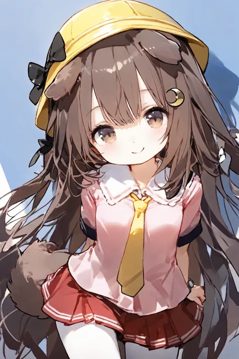  masterpiece,  top quality,  great quality,  1 girl, Fumizuki  \(************\) \( Azur Lane\),  school hat,(Droopy furry ears), (Brown Hair 1.5),Crescent moon hair ornament ,  pink shirt,  yellow tie ,  red skirt,  white pantyhose, (Dog tail from butt),  ...