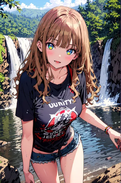 Minami Yume,  long hair,  brown hair,  Green Eyes, bangs,smile,blush, open the mouth,Medium breast,Blue T-shirt,  belly button out,Tie the hem of the shirt,  denim micro shorts ,Bare legs,river遊び, playing in the water, sunlight filtering through the trees,...