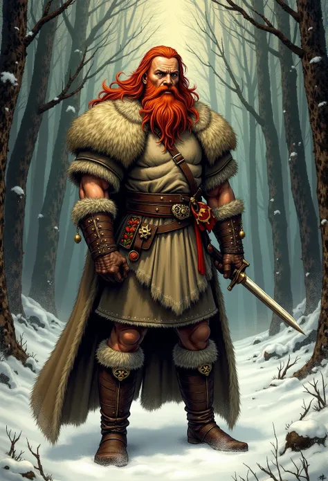 A realistic medieval fantasy portrait of a barbarian warrior. He  is tall with long legs, broad shoulders, long red hair and a red beard. He wears clothes made of furs, hides and wool. He wields a sword. In the background a forest landscape in winter with ...