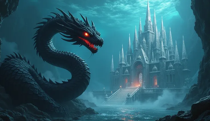 Prompt:

A fearsome Naga serpent with black scales and glowing red eyes, coiling menacingly in front of a grand crystal palace. The palace is made of shimmering glass-like structures, reflecting the eerie underwater light with an ethereal glow. Its intrica...