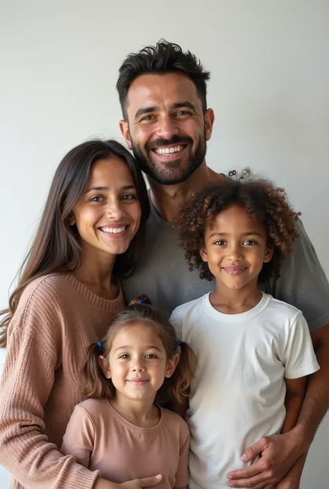 A 35-year-old man with his Brazilian family, studio light, white isolated background, simple background,  Ultra HD,  Super detail ,  cinematographic lighting ,  Hyper-Realism, 