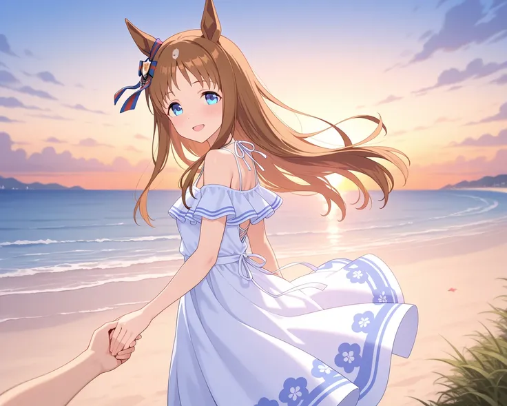 a female anime char with anime eyes and ears holding hands at waist, beach,summer,sunset,sea breeze,grass wonder (umamusume), animal ears, horse ears, 1girl, brown hair, blue eyes, long hair, horse girl, looking at viewer, smile, dress, white dress, blush,...