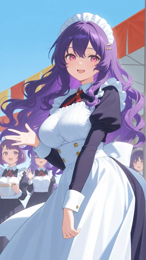 A Princess Maid,put one hand out to the side,open hand,smile,open mouth,( purple hair:1.8), pink eyes, golden hairpin, long wavy hair,F cup breasts,Chest, high res,Colleges and universities,School Festival, Japanese illustration style, masterpiece, top qua...