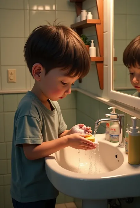 A boy cleaning his fingers with soap in a bathroom 