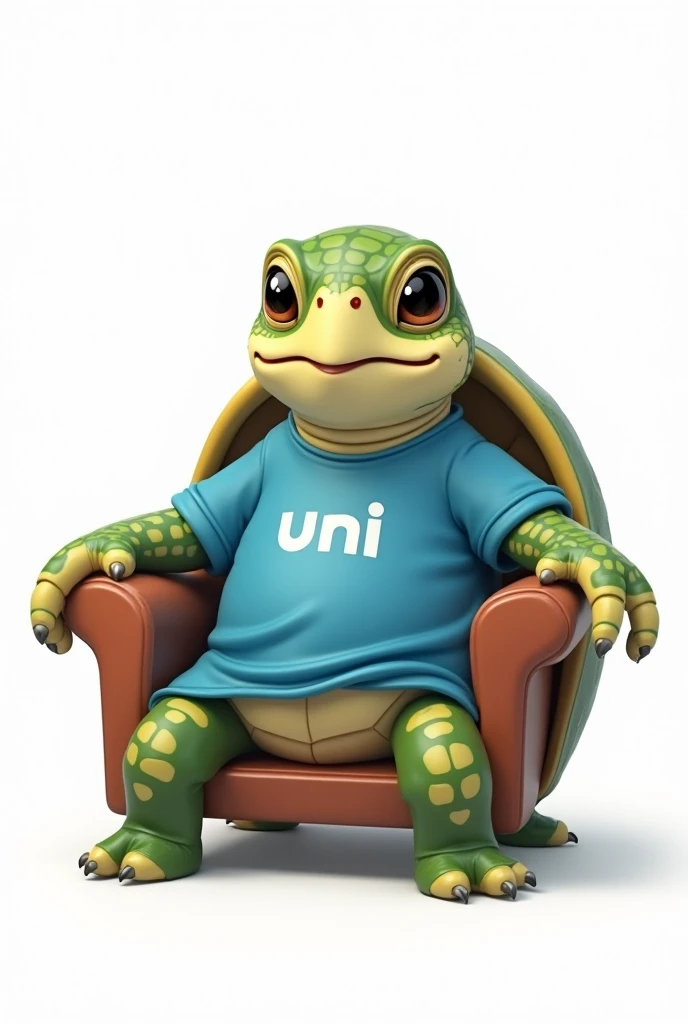 Make an image with a white background of a hawksbill turtle that is animated as an armchair and that has a blue shirt that says UNI