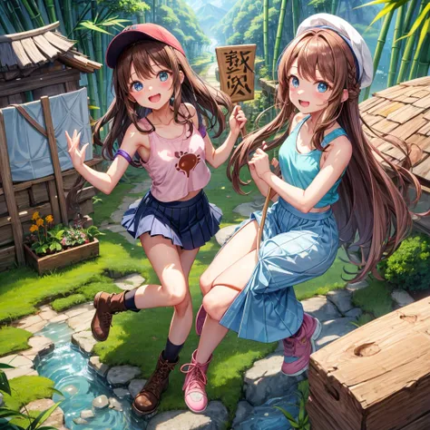  pink brown brown hair、  blue eyes、  Has hair tied  、Two cute people、  check mini skirt、  black t-shirt、 Light clothing、  tank top、  camisole、 high socks、 Boots、 teeth inside、  The Road Is Crooked 、Mountain々、Stick together  、 bamboo forest、 chest pocket  、...