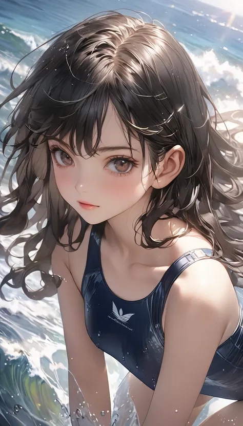 ( Masterpiece,  top quality),  one girl,Age 15、 Navy Blue One Piece Swimsuit、 Details、 bright sunshine、 glossy black hair、 dark brown eyes 、sea、 High Resolution 、 realistic anime art、 Highlights