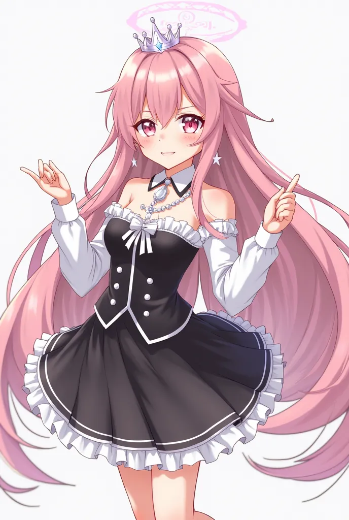  with pink hair,  white-pink eyes ,  in black and white outfit , black skirt,  black and white heels , a girl with white earrings ,  with white pearl necklace ,  with white small wings ,  with white star crown, Let the quality be high