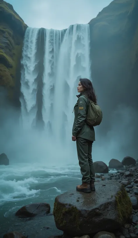 (masterpiece, ultra-detailed, cinematic, breathtaking waterfall scene, deep blue and teal tones, dramatic misty atmosphere,
Full-Body Shot, high resolution,
((A confident female travel influencer, 23 to 28 years old)),
((bright expressive eyes, long wavy d...