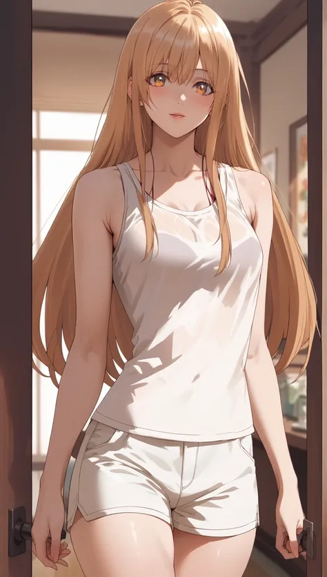 Score_9, Score_8_up, Score_7_up, Score_6_up, Score_5_up, Score_4_up, masterpiece, MAhiru Shiina(The angel nest door spoils me rotten),looking at viewer, hourglass figre, She is wearing a form-fitting white tank top and matching white shorts. The tank top h...