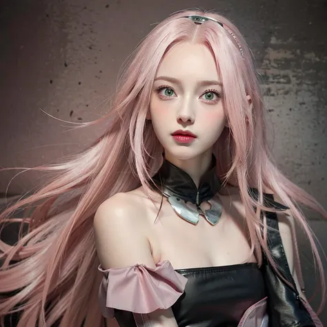 young woman, short shoulder-length pink hair, wide forehead, porcelain skin, pink eyebrows, big emerald green eyes, buttoned nose, full lips, heart-shaped face, slender body, small breasts, red tank top, Sakura Haruno , realistic, realism, details, 3d, wel...