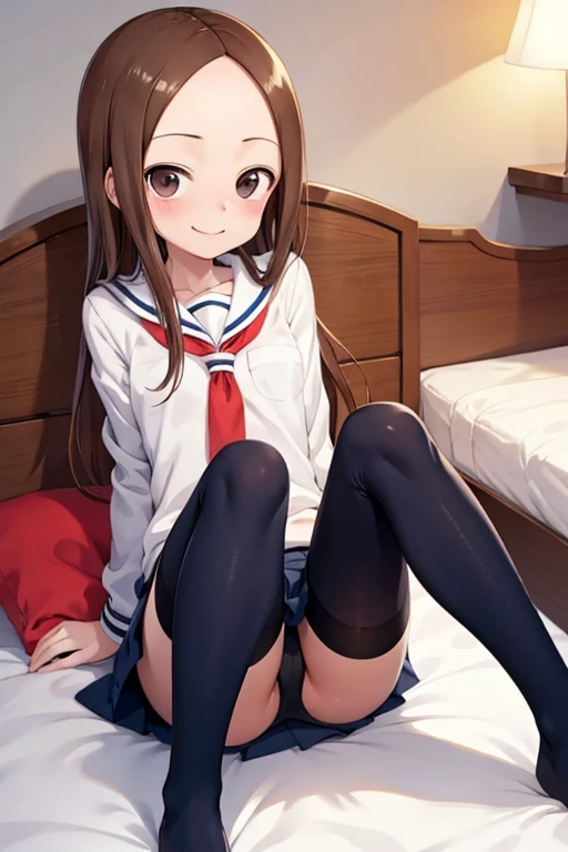 (Takagi)
 upper body：blazers
lower body：navy blue miniskirt
Subject size：maiden
backgrounds：bedroom
Time ：daytime
expression ： smile
Posture ：Sit on the bed
others： black tights