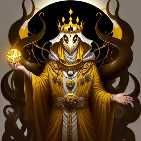 a painting of a man dressed in a yellow robe and a crown, hastur the king in yellow, yellow-robed cultist, king in yellow, a professional digital painting of the king in yellow wearing a tattered yellow cloak standing in a ballroom gripping a medallion in ...