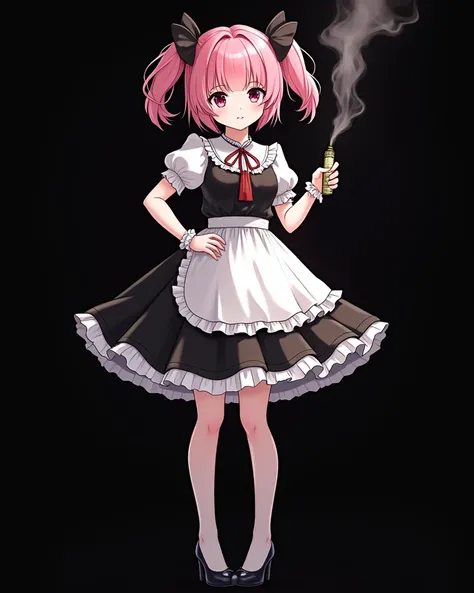  anime style illustration,  has a black background,  black high heels,  standing picture,Puella style clothes with lots of frills, Clothes are white and black , Woman in her 20s with pink hair,  twin tails, Eyes are black,  no highlight in the eye,  expres...