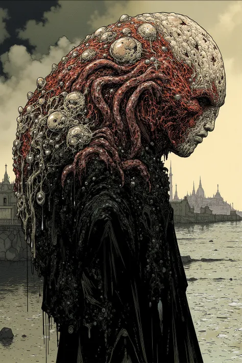 Deserted fishing village ,  Monster in a black gothic dress with a huge head , the head has lots of centerpieces with blood vessels and sensual details,  whitish liquid on the head （Lotion）and lots of eyeballs , mysterious and strange , nightmarish concept...