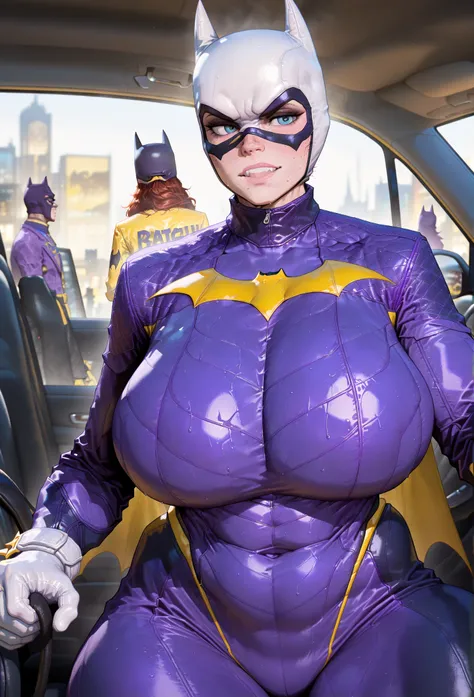 Batgirl,purple outfit,busty, best quality, amazing quality,waiting in car,white catwoman driving the car