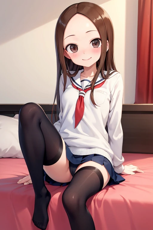 (Takagi)
 upper body：blazers
lower body：navy blue miniskirt
Subject size：maiden
backgrounds：bedroom
Time ：daytime
expression ： smile
Posture ：Sit on the bed
others： black tights