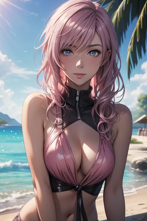 (最高 Masterpiece, top quality,4K,8k, high res, Masterpiece:1.2), Final Fantasy Lightning, pale pink hair,Spend time with nature,  smiles,Beautiful Girlfriend, stylish clothes , soft sunlight ,Reflect the whole body, swimsuit