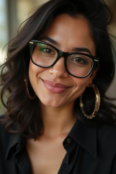 a close up of a woman wearing glasses and a black shirt, a photo by Amelia Peláez, instagram, toyism, lorena avarez, beautiful mexican woman, sie boob, ayahausca, cute seductive smile, alanis guillen, selena quintanilla perez, seductive smile, with a seduc...