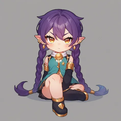 RPG character avatar. Full-body. Single character. Cartoon style. Chibi-style RPG character avatar. A small, humanoid character with a petite, two-heads-tall (super-deformed) body proportion. She has a mostly human appearance and is sitting inside a large ...