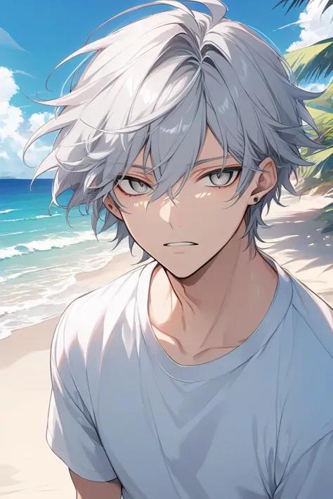 anime boy, handsome face, charming gaze, silver hair, gray eyes, casual clothing style, beach background, (sharp eye details), sharp face details), (body details), (make clear and good images), (make 4k and 8k images), (masterpiece)