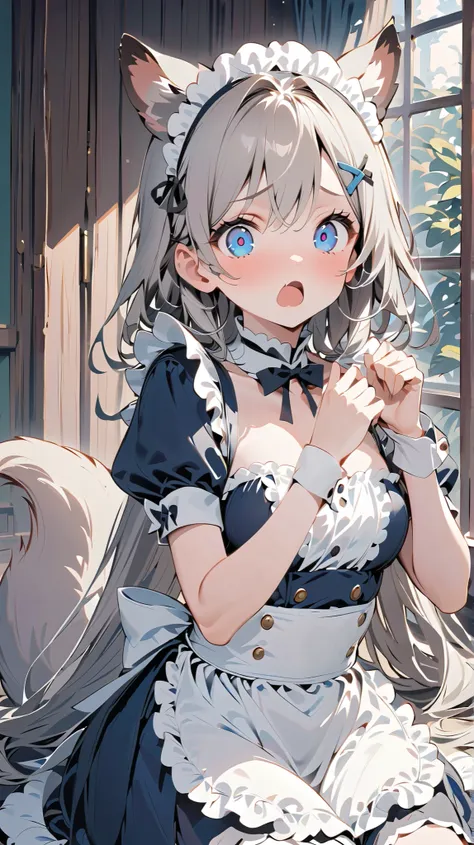 {{{ masterpiece}}}, {{{ top quality}}}, {{ super high resolution}}, {美しい細部までこだわったEye }, 1 girl, alone, (( gray hair)), very long hair, 青いEye , ( straight hair ), (bangs), animal ears, (Weasel Ears:1.1), choker, stupid hair , teeth, (big...