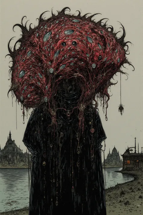 Deserted fishing village ,  Monster in a black gothic dress with a huge head , the head has lots of centerpieces with blood vessels and sensual details,  whitish liquid on the head （Lotion）and lots of eyeballs , mysterious and strange , nightmarish concept...