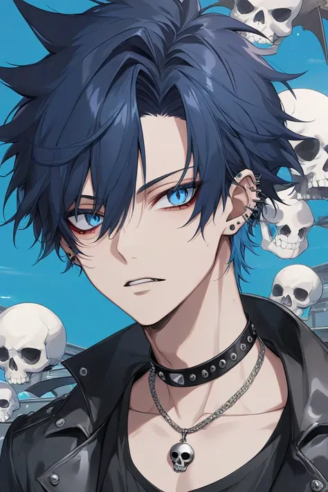 anime boy, handsome face, charming gaze, dark blue hair, light blue eyes, punk style, pierced ears, skull necklace, highway background, (sharp eye details), sharp face details), (body details), (make clear and good images), (make 4k and 8k images), (master...