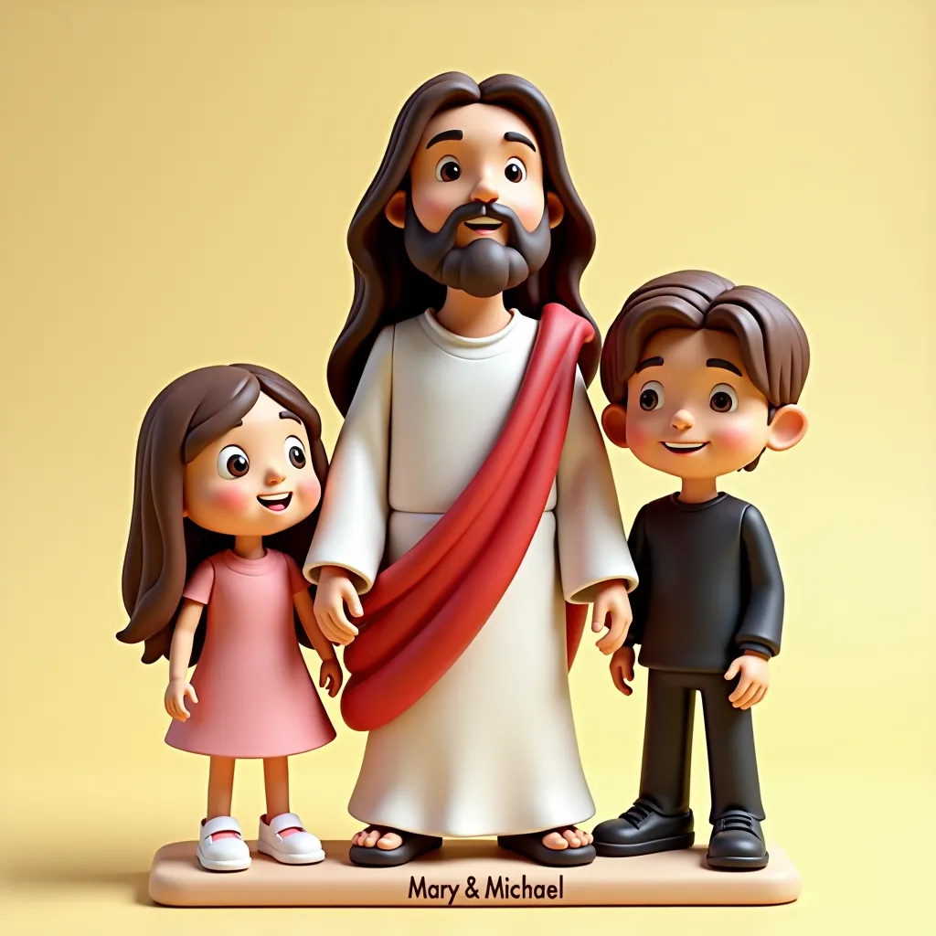 A 3D cartoon picture of Christ wearing his white and red clothes. Next to him is a girl and next to his left is a young man. The background is bright and cheerful, with a name written in front of them "Mary & Michael" Three-dimensional wood, the girl has l...