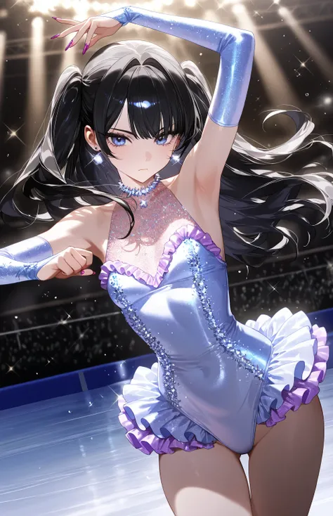 sfw, gyaru, cool beauty, solo woman ,frilled glitter leotard, black hair, small breast, figure_skating, serious,