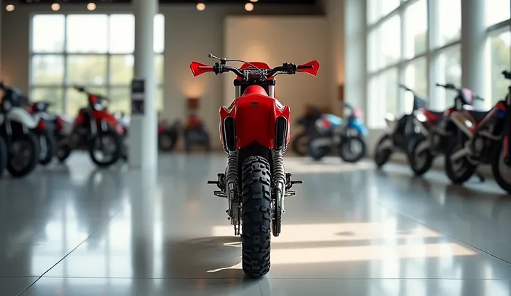 2025( Kawasaki Kx 500 dirt bike) motorcycle in vibrant( red shiny) color standing in luxury showroom.full (back ) show with showroom background white blur