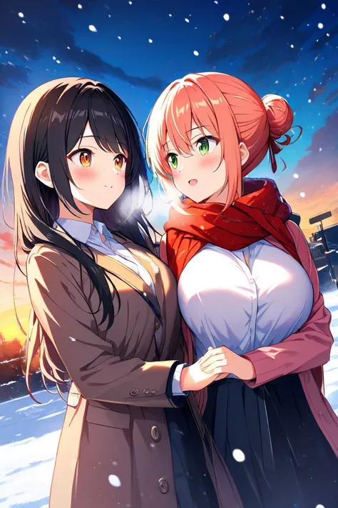 Two girls、 high school student、 and stare at each other、Blushing、（Hair bun wrapped up to the shoulder、orange-pink hair、Big Breasts、 orange eyes from the side diagonally）、（ black hair、 green eyes、 small tits、 long hair、Rin々Shii、Adult biru）、 sunset sky、 Dutc...