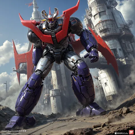  a very realistic version of Mazinger Z like the god of steel,  is in a battle pose while leaning forward at a height of 100 meters　Nuclear reactor equipment, cutting-edge science, giant plant 　 under construction and being converted into a Great Mazinger ...