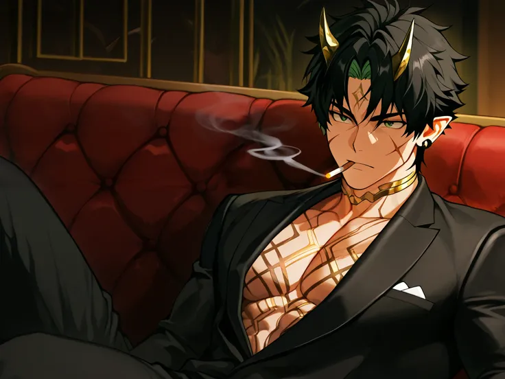  Anime panel  ,Oni 18 year old boy, Korean,  fair skin,angular face,  BLACK hair is characterized by a voluminous and textured top, , shaved or shorter sides and an elongated back., defined body, brinco e piercings,small pointy ears, happy expression,Green...