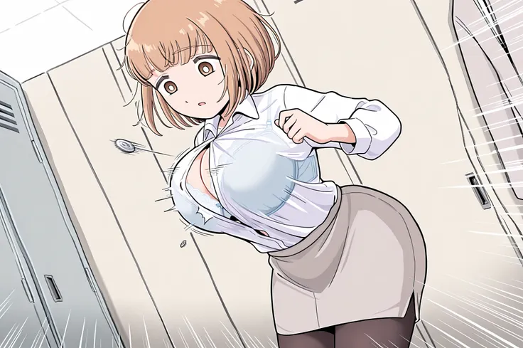  source_anime, official art style, mochizuki mikoto, (noon,  dressing room,  locker), 
BREAK 1girl, Alone, large breasts, brown eyes, round eyes, round pupils, brown hair, short hair, messy hair, bob cut, blunt bangs, sidelocks, 
BREAK collared shirt ,  wh...