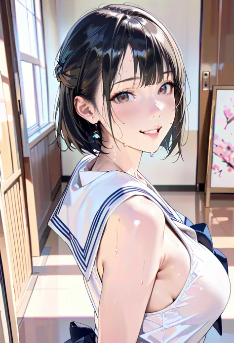 masterpiece, 8k,  photorealistic, Raw photo, best quality,  realistic glowing skin , (1 girl), (dynamic pose), It makes me breathe, Classic navy blue and white sailor suit , Summer clothes,  excited expression, Hot Eyes, Natural black hair,  bob cut hairst...