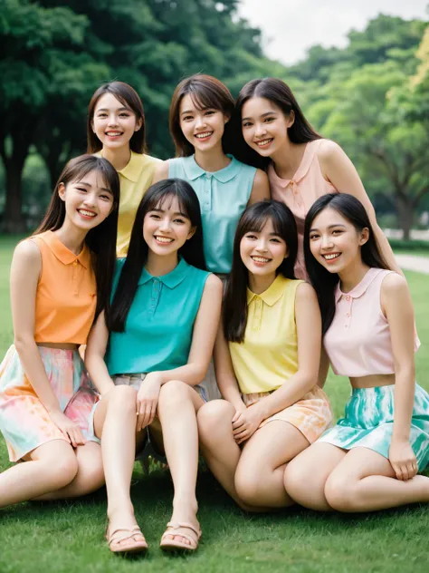 A group of ten Asian girls, appearing to be pre-s and agers, are gathered outdoors in a park-like setting.  They are all smiling and laughing.  The background is blurred but shows green grass and trees.

The girls are wearing sleeveless or short-sleeved to...