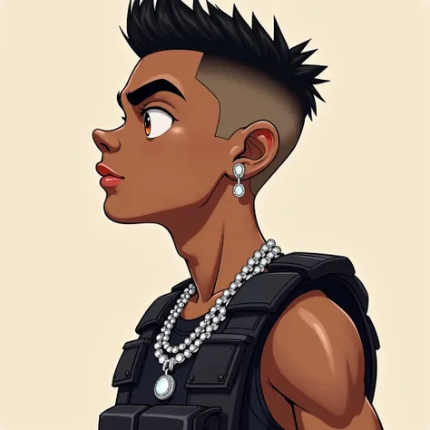 "An animated trap album cov"An animated trap album cover with a clean and bold design. At the center, a young white man with black, short, fade-style (buzz cut) American haircut and brown eyes is shown in profile, wearing a stylish tactical vest. His expre...