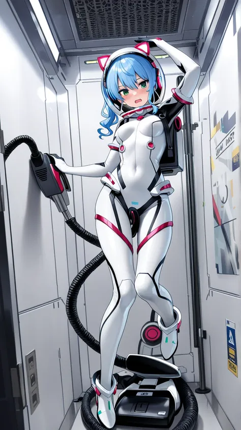 1girl,light blue hair,green eyes,,,solo,she in white sleek bodysuit with black joint and gray joint accents,floating midair in zero gravity,from front view, looking at the viewer with a flustered expression,open mouth,wide eyes,wearing cat-ear headphones,u...