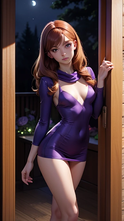         Daphne Blake with Scooby Doo    ,     beautiful woman, delicate and sensual,     young,     gingerbread hair ,     black eyes , Purple mini dress,     green scarf    ,     slim body,     Small and beautiful breasts    ,     small and beautiful butt...