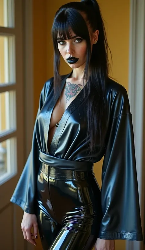 ANGELINA JOLIE, Dominatrix  , BDSM, blue yellow latex , brilliant, metallic, corps latex noir, leggings en latex noir,   latex Japanese latex kimono  , cuissardes Bottes en latex pour les cuisses, straight hair attached,  cruel and severe face , consider e...