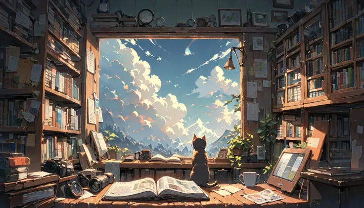 (( animation:1.4, illustration )),( masterpiece,  Superb,  top quality),( super detailed,  absolute resolution showing the body),((16k,  high resolution)), (((girl,  studying in a library ,  cat, sky, Cumulonimbus clouds )) ((cozy lofi  illustration :1.4))...