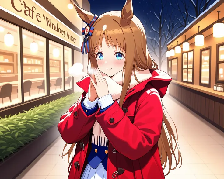 A 16-year-old girl stands outside a cafe, bundled up in a red duffle coat, rubbing her hands together against the winter chill.1girl grass wonder \(umamusume\), She wears the Tresen Academy winter uniform, patiently waiting for her boyfriend. It's a snowy ...