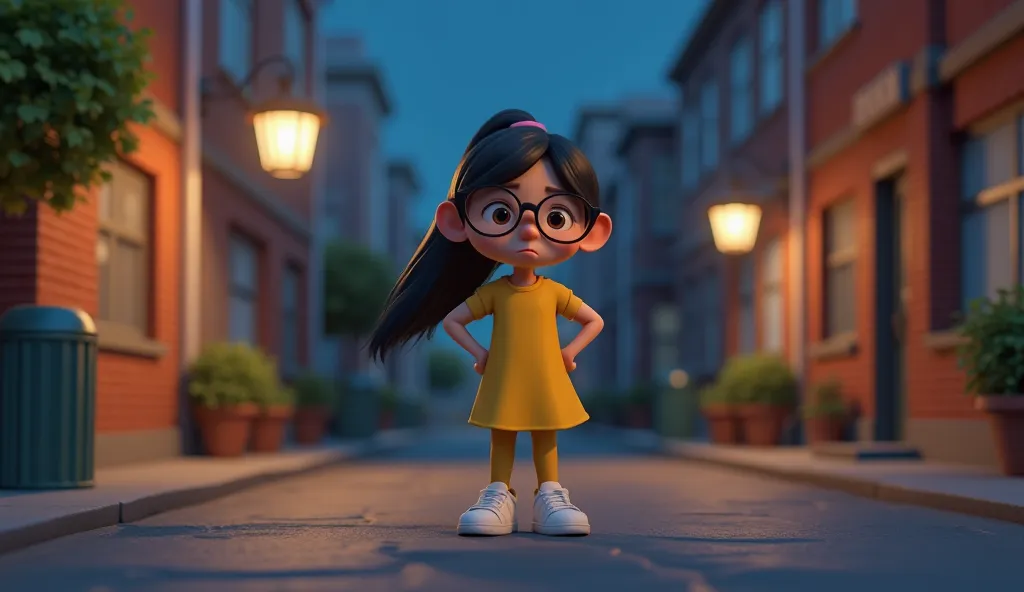 A 3D cartoon image A Cartoon  girl(smart and cautious girl with long black hair tied in a ponytail, deep brown eyes, and glasses. She wears a yellow dress with leggings and white sneakers.)is groaning while standing on a small dark street in a city,at nigh...