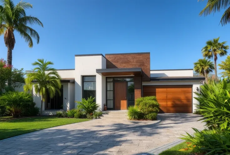 The image features a modern single-story house characterized by a clean and minimalist design. The exterior showcases a combination of textures, including smooth stucco and wooden paneling. 

A prominent front door, framed by large windows, is complemented...