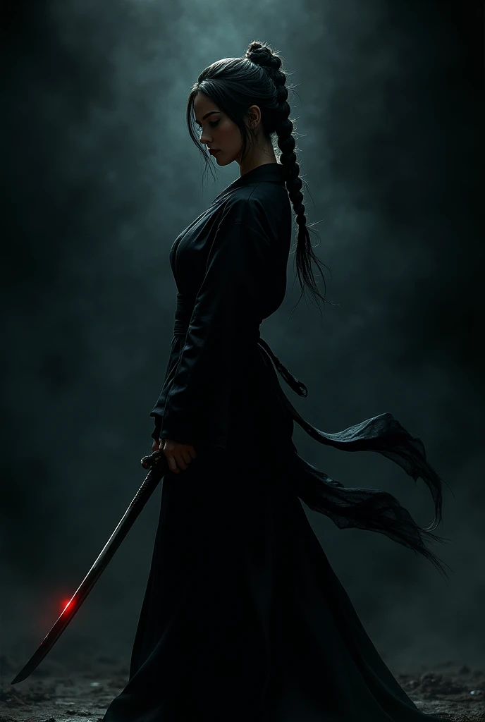 Make me a wallpaper with a very beautiful black background and a woman with a katana