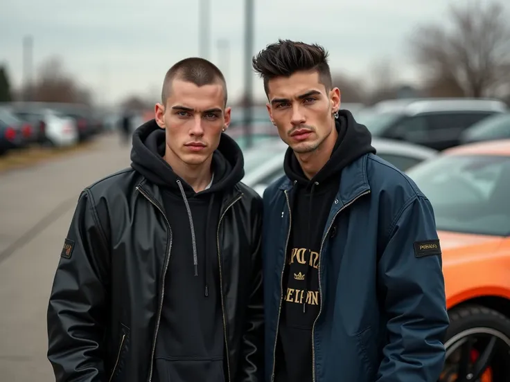 Handsome American guy with buzz cut hair, cool street style clothes, menacing, hard boned face. and there is a handsome, menacingly built American brunette guy with punk type, fade cut black hair and cool street style clothes. Two speed enthusiast friends ...